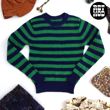 Mod Vintage 60s 70s Green Navy Stripe Wool Sweater 