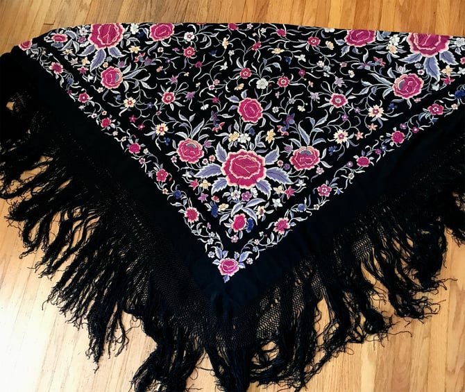 Beautiful Vintage Silk Embroidered Piano Shawl with  long fringe  Antique Spanish Shawl 50" Square 