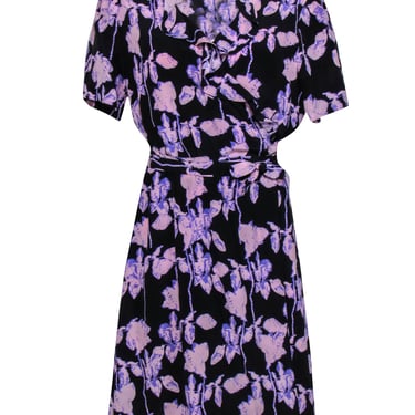 Diane von Furstenberg - Lavender & Black Silk Floral Wrap Dress w/ Ruffles Details Sz L
