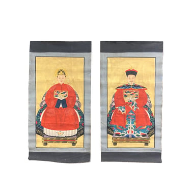 Pair Chinese Canvas Color Ink Royal Lady Gentleman Ancestor Paint Art ws2125E 