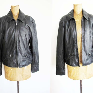 Vintage 90s Black Leather Zip Up Jacket S - 1990s Minimalist Buttery Leather Collared Womens Jacket 