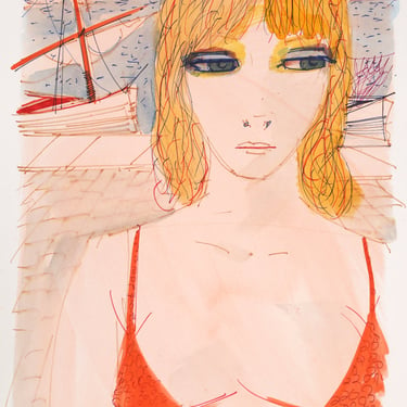 Charles Levier, Portrait of Blonde by Sailboat, Watercolor 