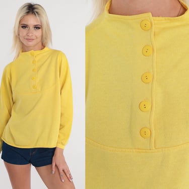 Yellow Henley Shirt 80s Long Sleeve T-Shirt Button up TShirt Layering Top Bright Spring Tee Retro Basic Plain Vintage 1980s Small Medium 