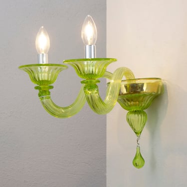 Unique piece! Hand blown Murano art glass wall sconce, acid green color Made in Italy, 2 lights handmade wall lamp 