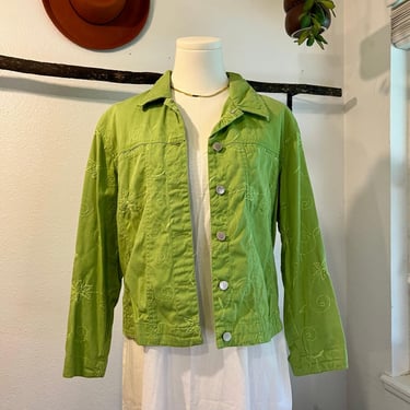 Avocado Green Cotton Floral Embroidered Lightweight Summer Jacket Size Medium 