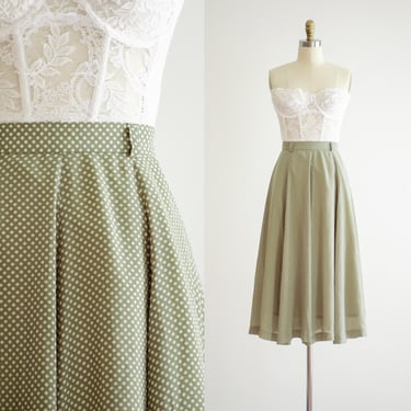 green midi skirt 90s vintage sage green polka dot fit and flare skirt 