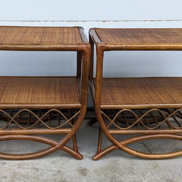 Vintage Rattan and Woven Split Reed 2 Tier Side Tables - Set of 2 