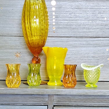 Mid Century Yelloe Glass Vase Set Decor Glassware 
