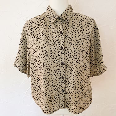 80s Tan and Black Leopard Print Cotton Short Sleeve Shirt | Large 
