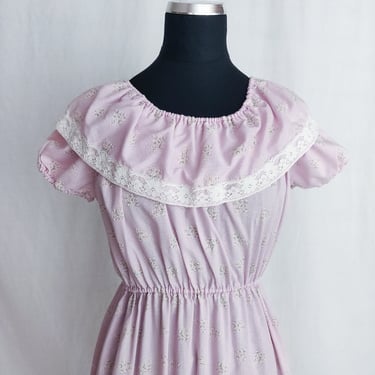 Vintage 80s Pink Purple Prairie Dress // Floral Off Shoulder Ruffled Puff Sleeves 