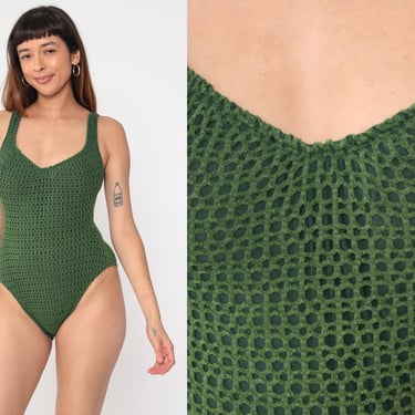 90s Green Mesh Swimsuit High Cut Bathing Suit One Piece Swim Suit Low Back Vintage Retro 1990s  Medium 8 