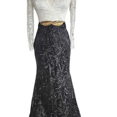 Vintage Evening Gown White Black Sequins Gold Leaf Belt w/Rhinestones 