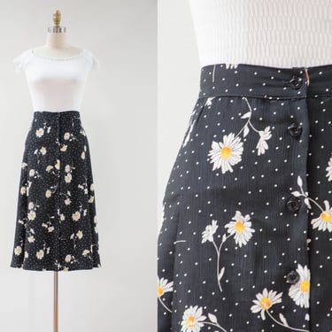 cute cottagecore skirt | 80s 90s plus size vintage black white polka dot daisy patterned floral knee length skirt 