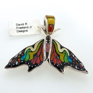 David R Freeland Jr Artisan Opal & Stone Inlay Moth Pendant Sterling Silver 