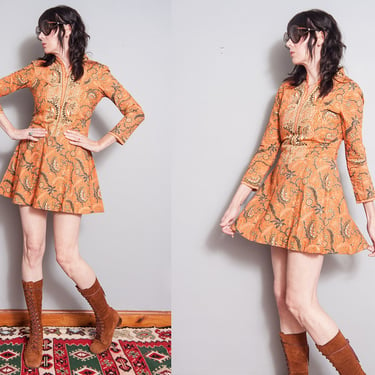 Vintage 1960's | Orange | Bohemian | Mini | Patterned | Dress | XS/S 