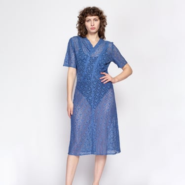 Large 1930s Sheer Blue Floral Lace Day Dress | Vintage 30s 40s Boho V Neck Wrap Midi Shift Dress 