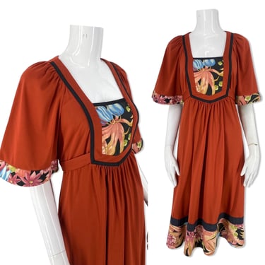 70s JODY rust peasant dress M, vintage 1970s mixed media poly dress, 70s summer dress festival 