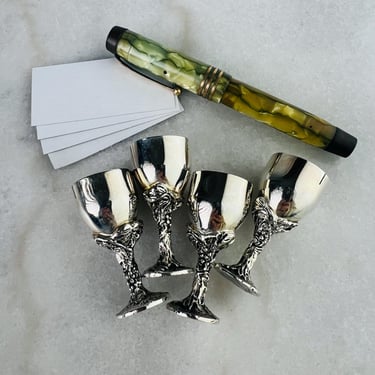 Set of four Vintage Silver Plate Place card Holders Miniature Goblet Twisting grapevine stems for wedding party elegant dinners or gift them 