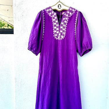 Vintage Ramona Rull 60s 70s Indian Hippie Boho Dress 1960s 1970s Embroidered Caftan Puffy Sleeve 