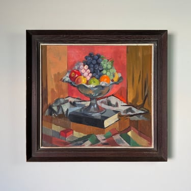 60's Mid-Century Still Life - Pedestal Fruit Bowl Oil on Canvas Painting, Signed 