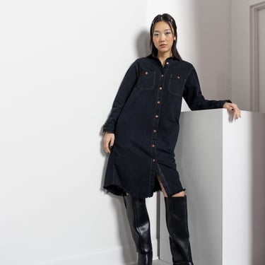 CALVIN KLEIN BLACK Denim Dress Jean Vintage Button Up Frayed Hem Long Sleeves Collared / Small Xs 