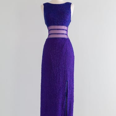 Vintage 1980's Purple Beaded Silk Evening Gown With Side Slit / SM