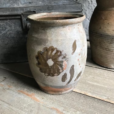 19th C Floral Pottery Jug, Pitcher, Terra Cotta, Glazed Pottery, Rustic European Farmhouse, Farm Table 