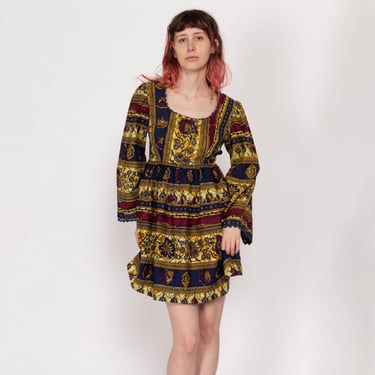 XS 60s Boho Batik Bell Sleeve Mini Dress | Vintage Ric Rac Trim Floral Striped Hippie Fit & Flare Babydoll Dress 