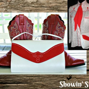 CLEARANCE!  Leather Cowgirl Purse, Vintage Western Shoulder Bag, Hand Bag, Clutch, Cross Body with Red Yoked Trim., Medium Size 