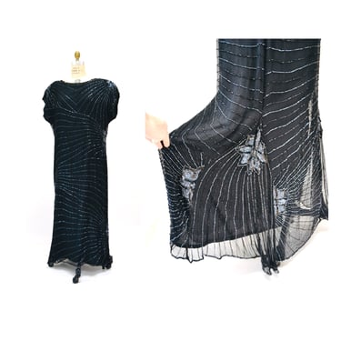 90s GLAM Vintage Black Metallic Beaded Sequin Evening Gown Art Deco Large XL // 80s 90s Black Metallic beaded Dress Gown Flapper Art Deco XL 