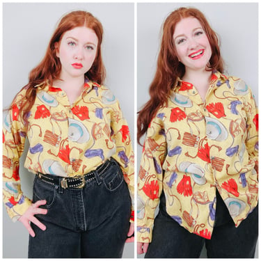1990s Vintage Dockers Equestrian Print Blouse / 90s / Nineties Pale Yellow Western Print Button Up Shirt / Size Medium - Large 