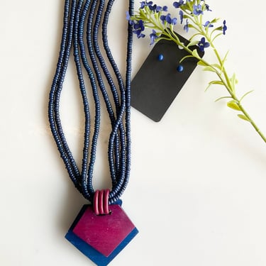 Blue/purple abstract beaded wood necklace