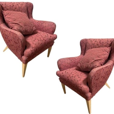 Mid Century Modern Wingback Lounge Chair Burgundy Leaf Print Pair 