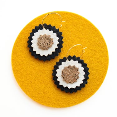 Linzer Cookie Hoop Earrings in Black + Cream + Gold Glitter Reclaimed Leather Zigzag Earrings 