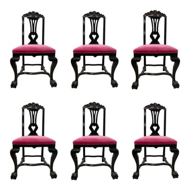 Antique Empire Black and Pink Velvet Side Dining Chairs Set of 6