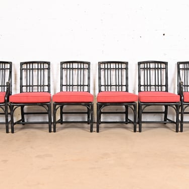 McGuire Hollywood Regency Organic Modern Ebonized Bamboo Rattan Dining Chairs, Set of Six