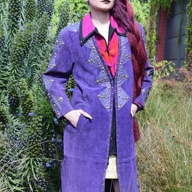 Studded Purple Suede Vintage 80s Leather Long Coat Sz S to M 