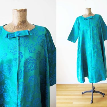 60s Floral Satin Opera Coat Dress M - Vintage 1960s Blue Green Damask Floral Satin Trapeze -  Bold Colorful - 60s Maternity 