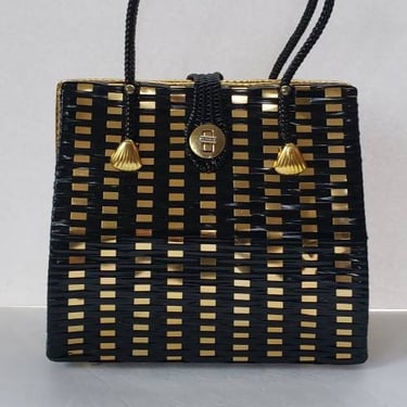 1960s Handbag Black and Gold Wicker Basket Style Mod / 60s Top Handle Large chunky Granny Bag Shiny Metallic / Cassie 