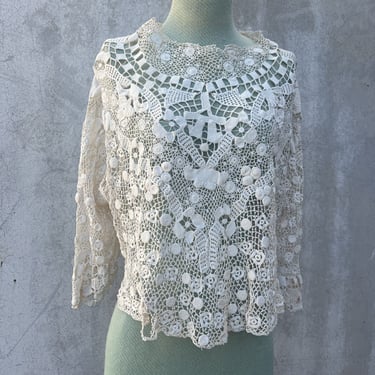 Antique Edwardian Irish Crochet Lace Blouse Bodice Bridal White Cotton Vintage
