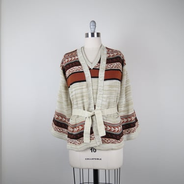 Vintage 1970s cardigan sweater, matching top, 2 piece, belted, bell sleeves, small, medium 