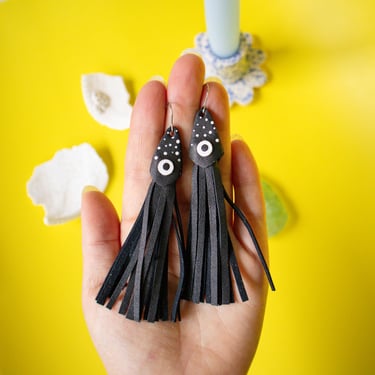 Black Ika / Squid Earrings w/ Leather Fringe - Lightweight & Made from Reclaimed Leather 