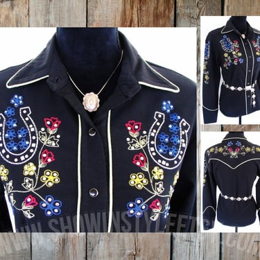 Vintage Retro Women's Cowgirl Shirt by Western Collection Styles, Embroidered Horse Shoes & Flowers, Rhinestones, Size XS (see meas. photo) 