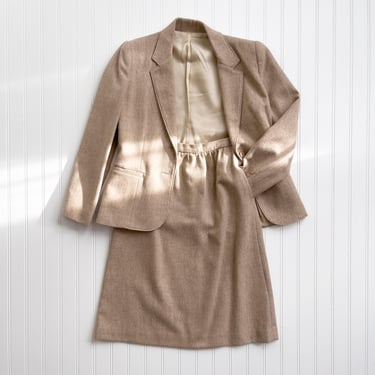 beige wool suit 70s 80s vintage light brown tan wool dark academia style skirt suit 