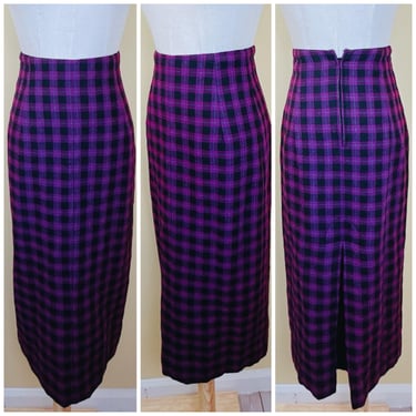 1980s Vintage New Wave Magenta and Black Plaid Skirt / 80s High Waisted Check Pencil Skirt With Kick Pleat / XS 