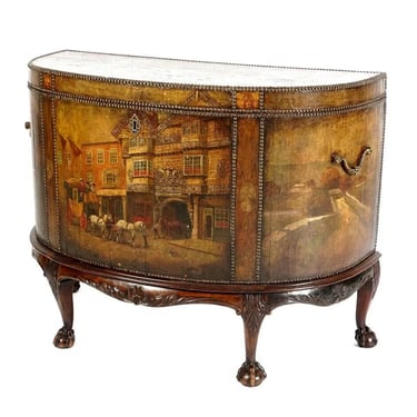Antique Demilune Chest, Paint Decorated Scenes, Clad Leather, Brass Hand., 1800s