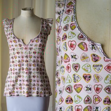 Vintage Y2K CHANEL Heart Print Ribbed Sleeveless Top w/ Coco Logo Print | Made in Italy | 2000s Designer Short Ruffle Sleeve Blouse 
