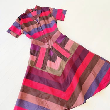 1940s Striped Taffeta Zip Front Dress 