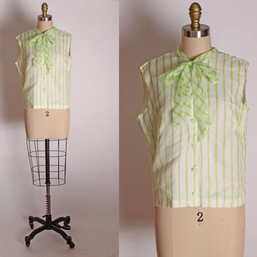 1960s White and Lime Green Striped Sleeveless Pussybow Shirt Blouse by Camilla -M-L 