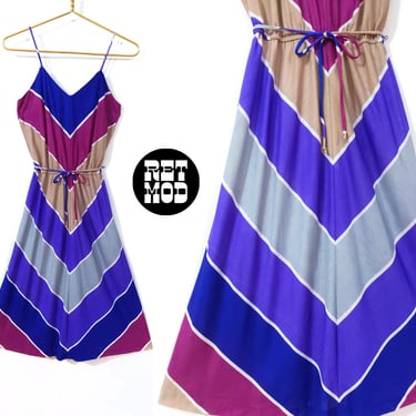 Sweet Vintage 70s 80s Purple Indigo Chevron Stripe Fit & Flare Sun Dress 